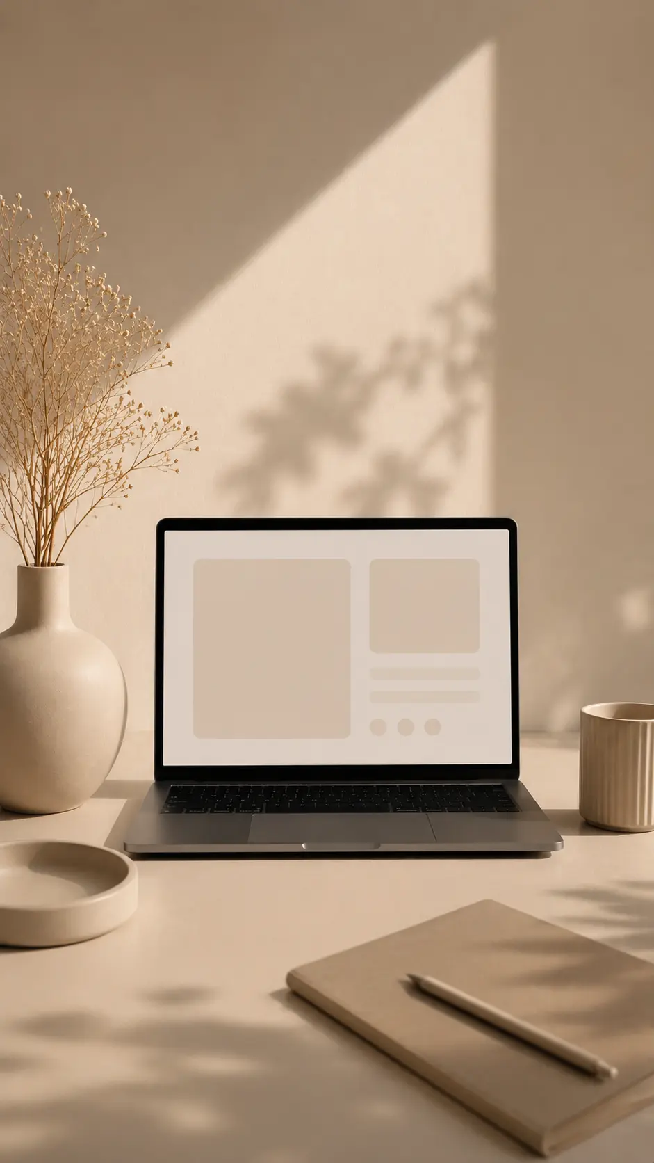 A laptop on a sunlit minimalist desk, mid-design